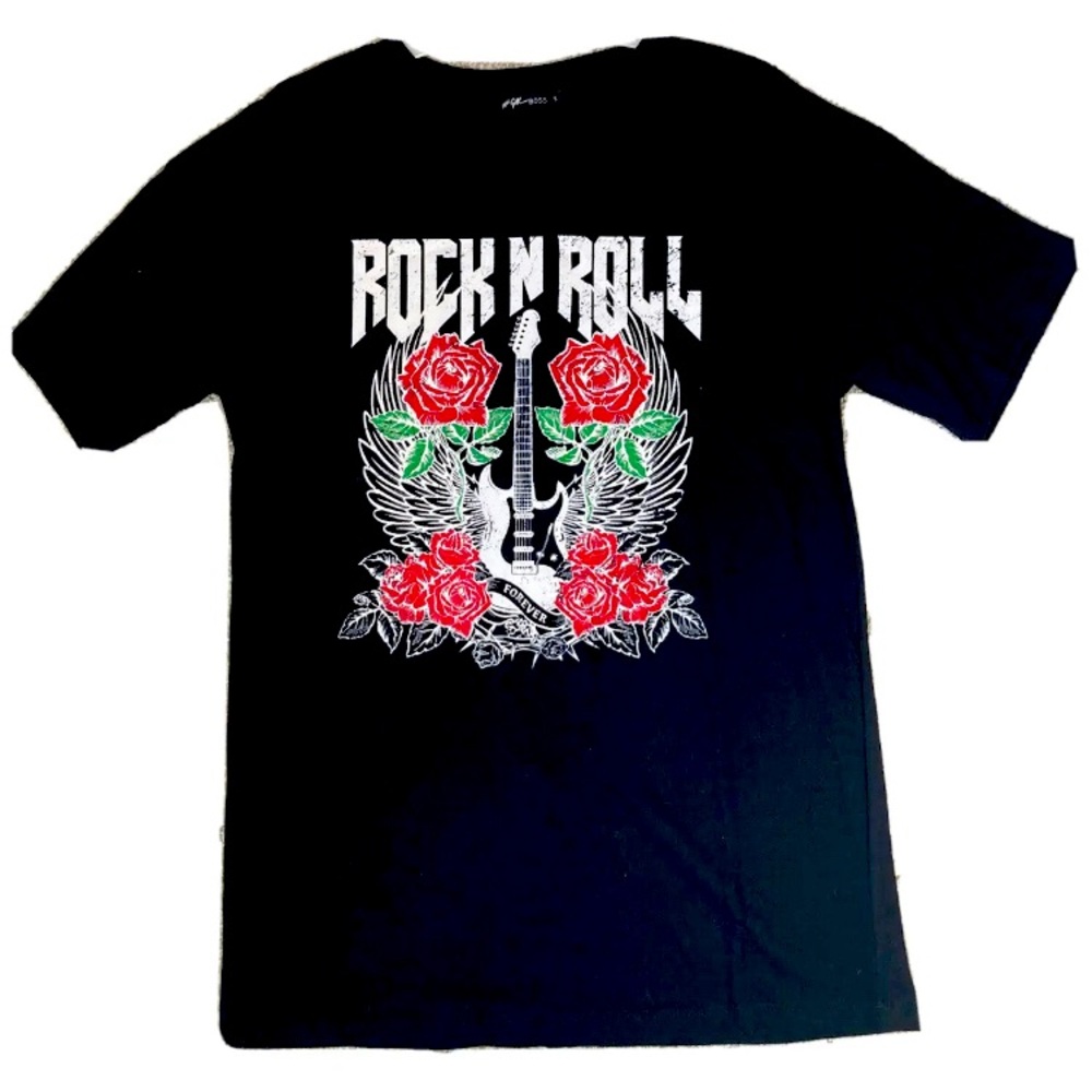 Rock N Roll forever Black T shirt Guitar red roses open back